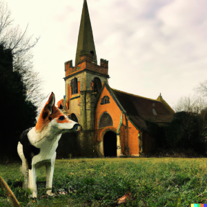 Photograph made from Dall-e, a church in the background on green surroundings, a dog in the forfront. It looks like an afternoon light,